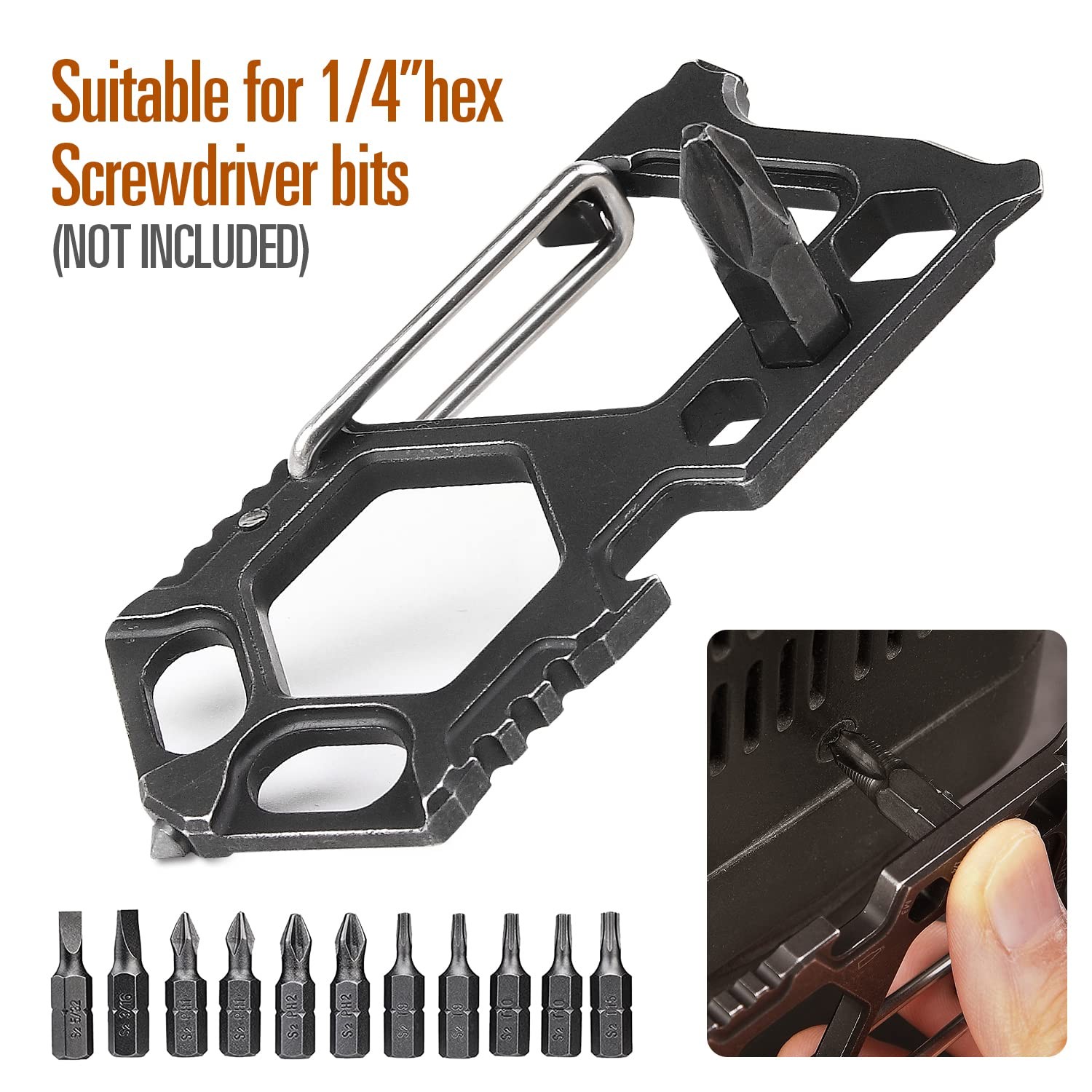 Carabiner Keychain Stainless Steel Multitool – 11 in 1 Tactical Small, Grey