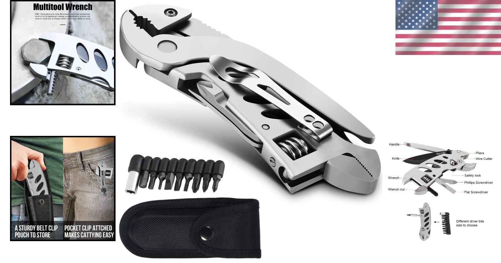 Ergonomic Folding Wrench Multitool with 7 Tools – Ideal for Outdoor Adventures