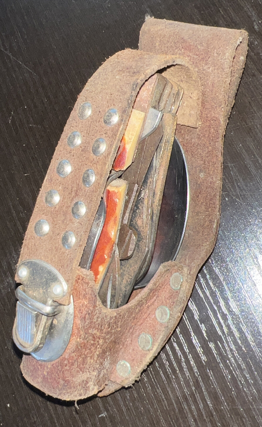 Vintage 11-in-1 Stainless Steel Multi-tool with leather sheath Carved Handle