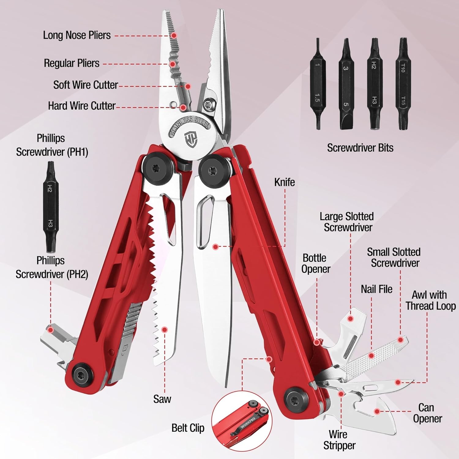WORKPRO 24-in-1 Multitool Pliers Stainless Steel Folding Pocket Tool with Sheath