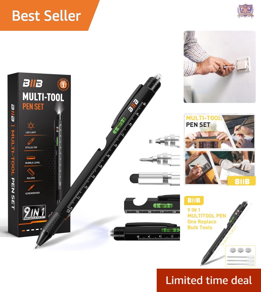 Compact 9-in-1 Multitool Pen: Essential Gadget Gift for Men – Includes Extras