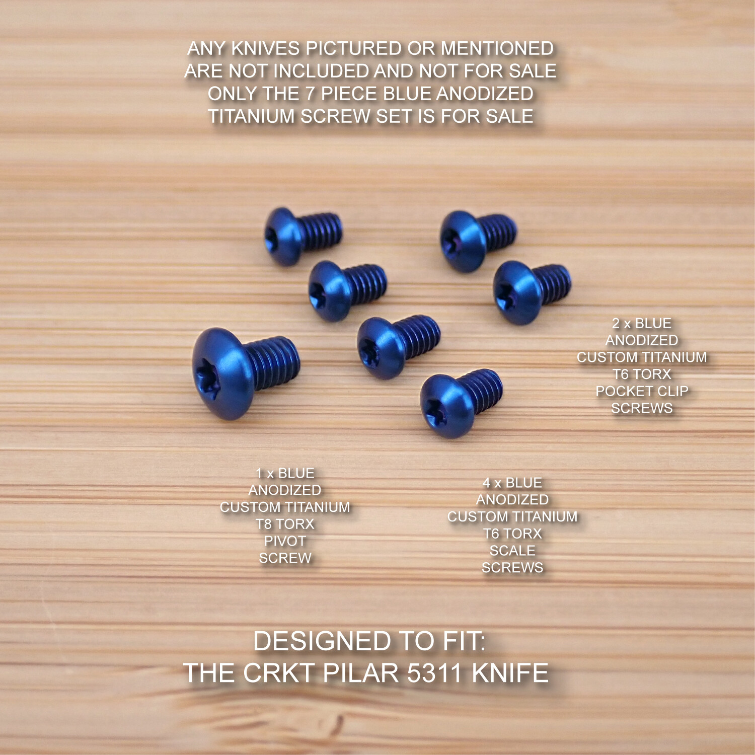 CRKT 5311 Pilar 7pc Custom Anodized BLUE Titanium Torx Screw Set – (no knife)
