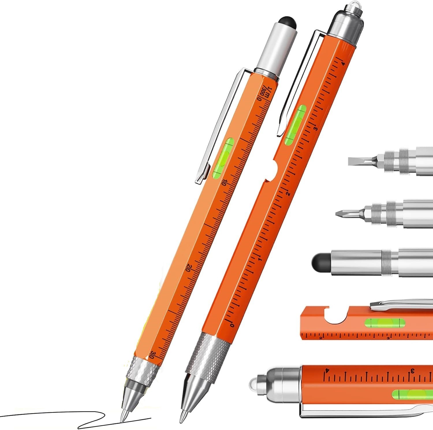 VIBELITE 11 in 1 Multitool ORANGE Pen Set with LED, Stylus, Level, Screwdriver