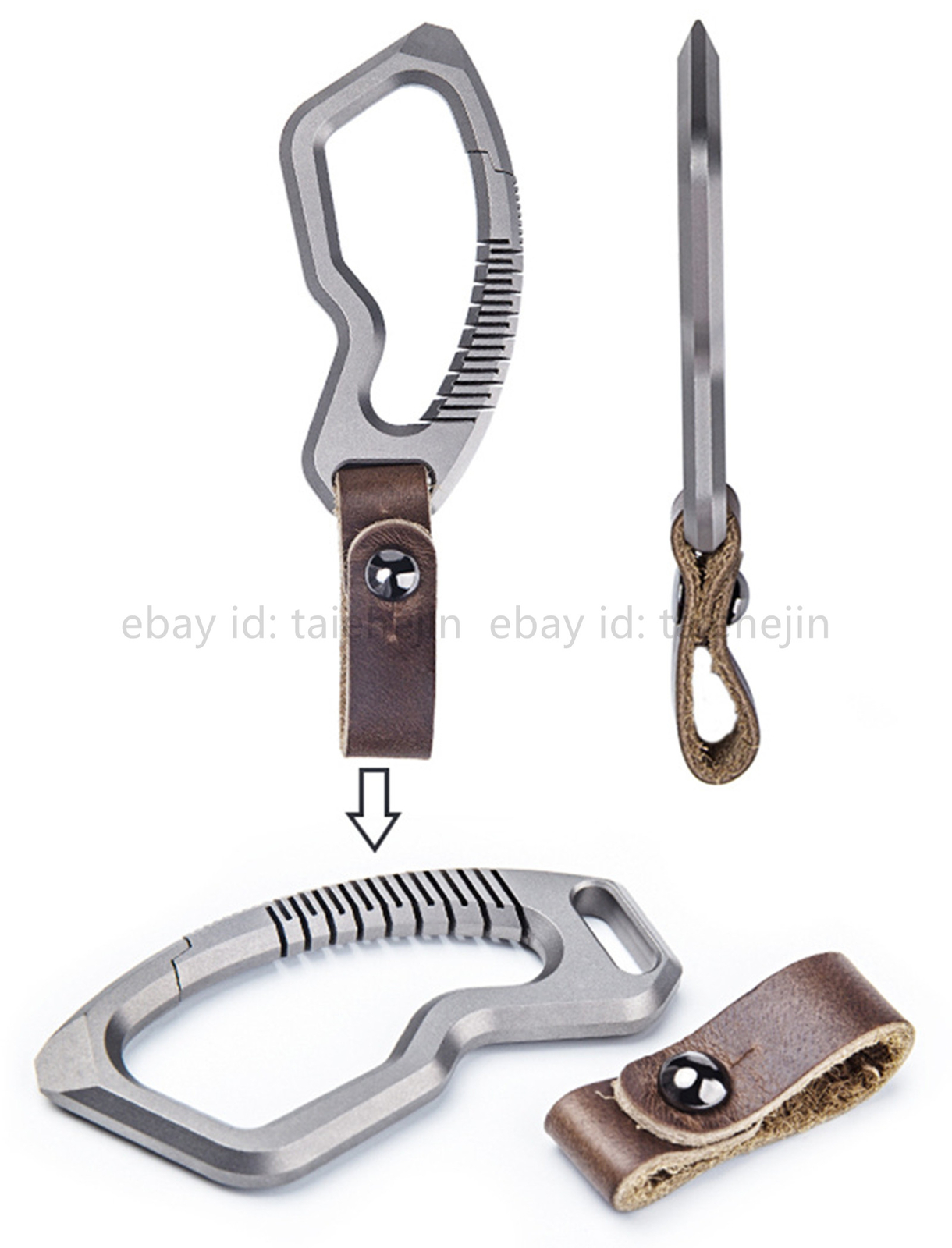 NewTitanium Alloy + Leather Keychain Carabiner Waist Hanging Pendant EDC Crowbar