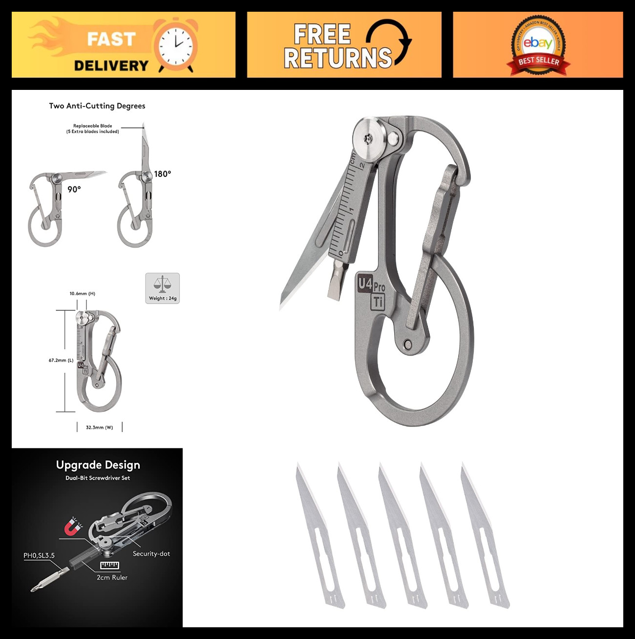 Titanium Carabiner Keychain Knife EDC Multitool Pocket Clip, Replaceable Blade,