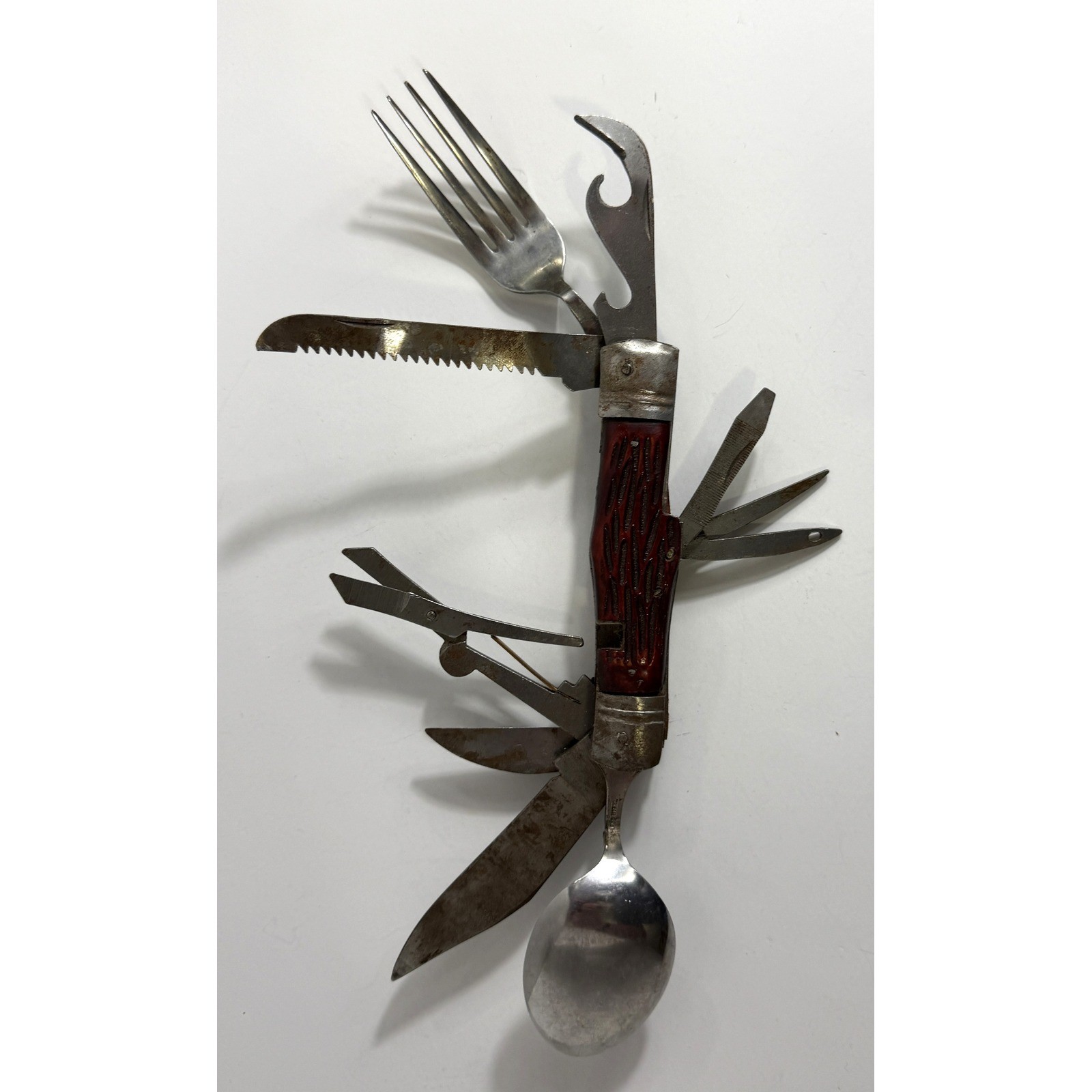 Vintage 10 Blade Multi-Tool Pocket Knife Utensil Set Fork Spoon Saw Blade – More