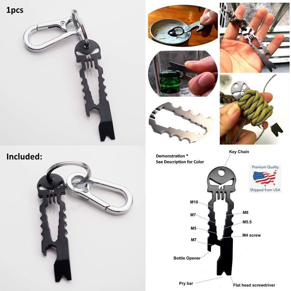 Skull Keychain Crowbar Screwdriver Hex Wrench Carabiner Clip Opener EDC – Black