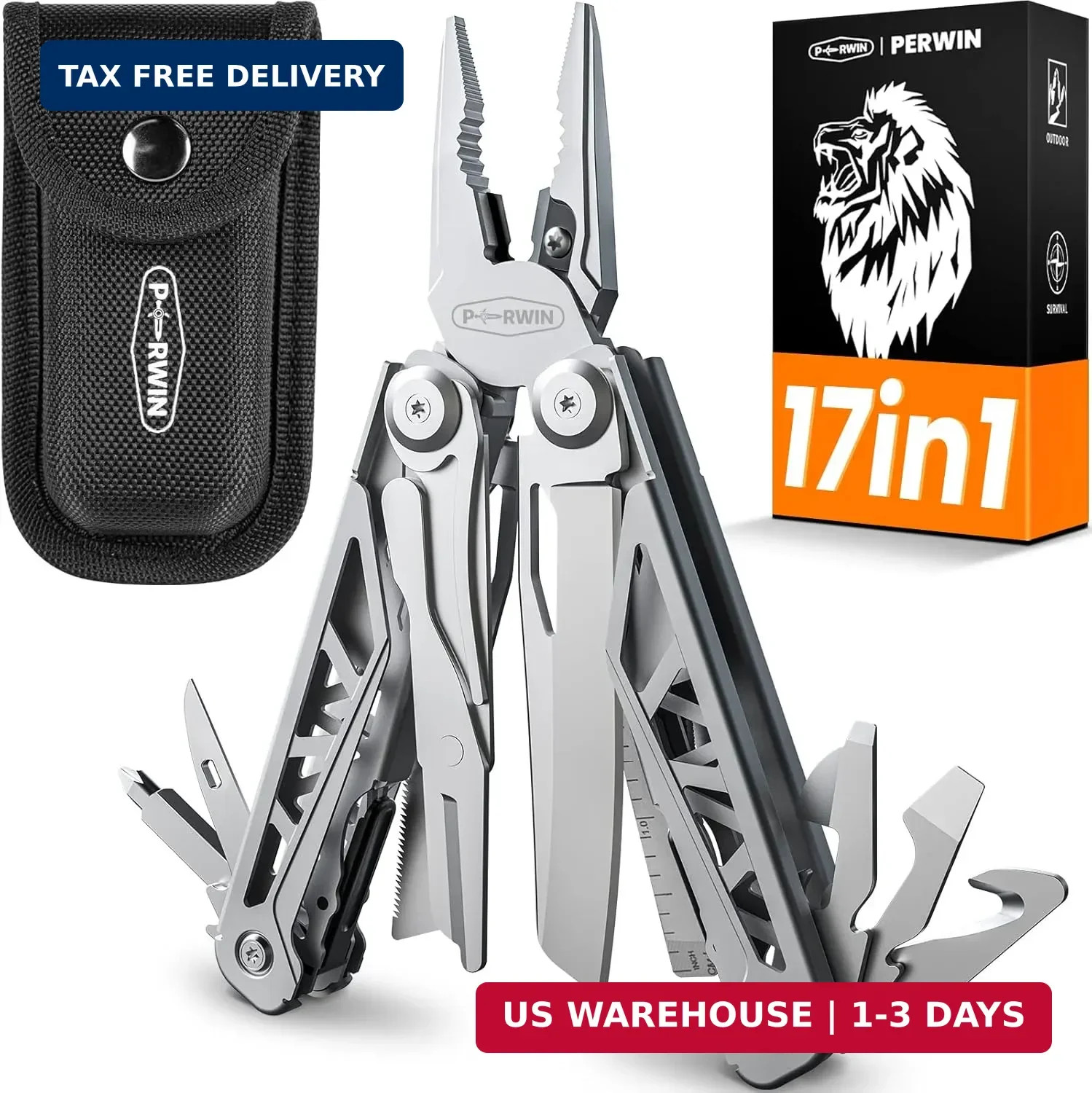 PERWIN Multitool, 17-in-1 Stainless Steel Multi Tool Pliers with Self-Locking, P