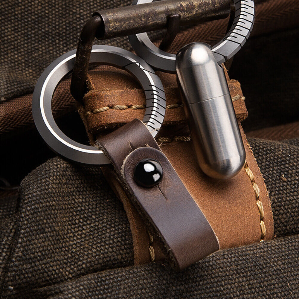 Titanium Alloy＋Cow Leather Keychain Portable Removable Key Ring Pendant EDC Tool