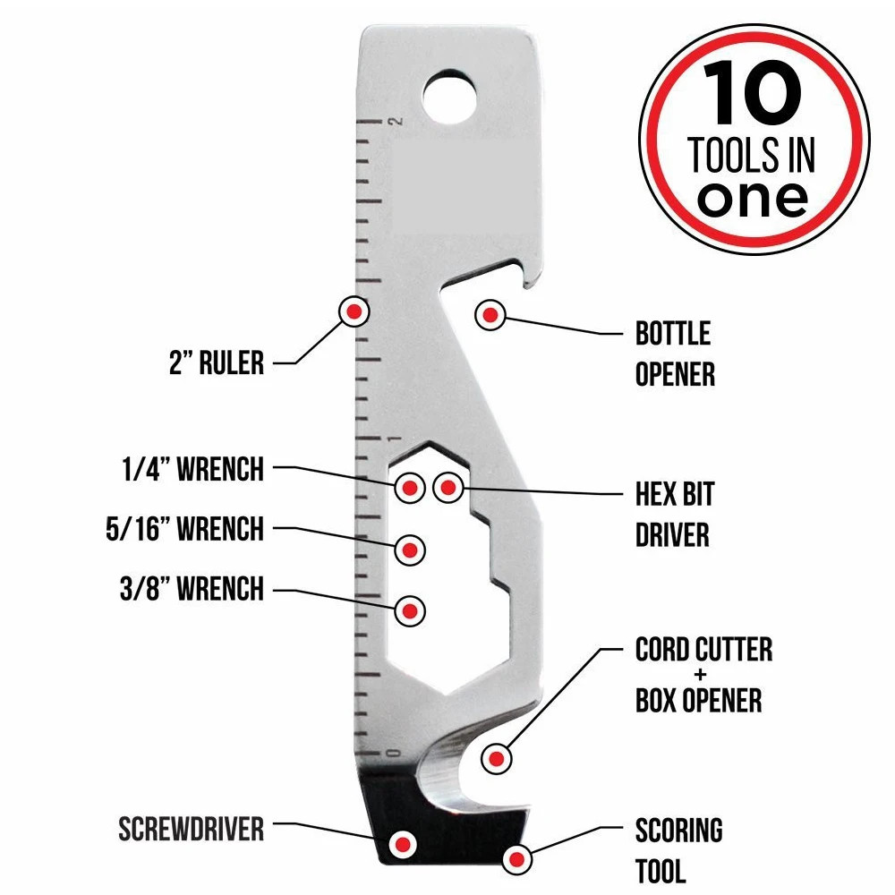 Inch/Metric 10 in 1 EDC Pocket Survival Tool Camping Screwdriver Bottle Opener R