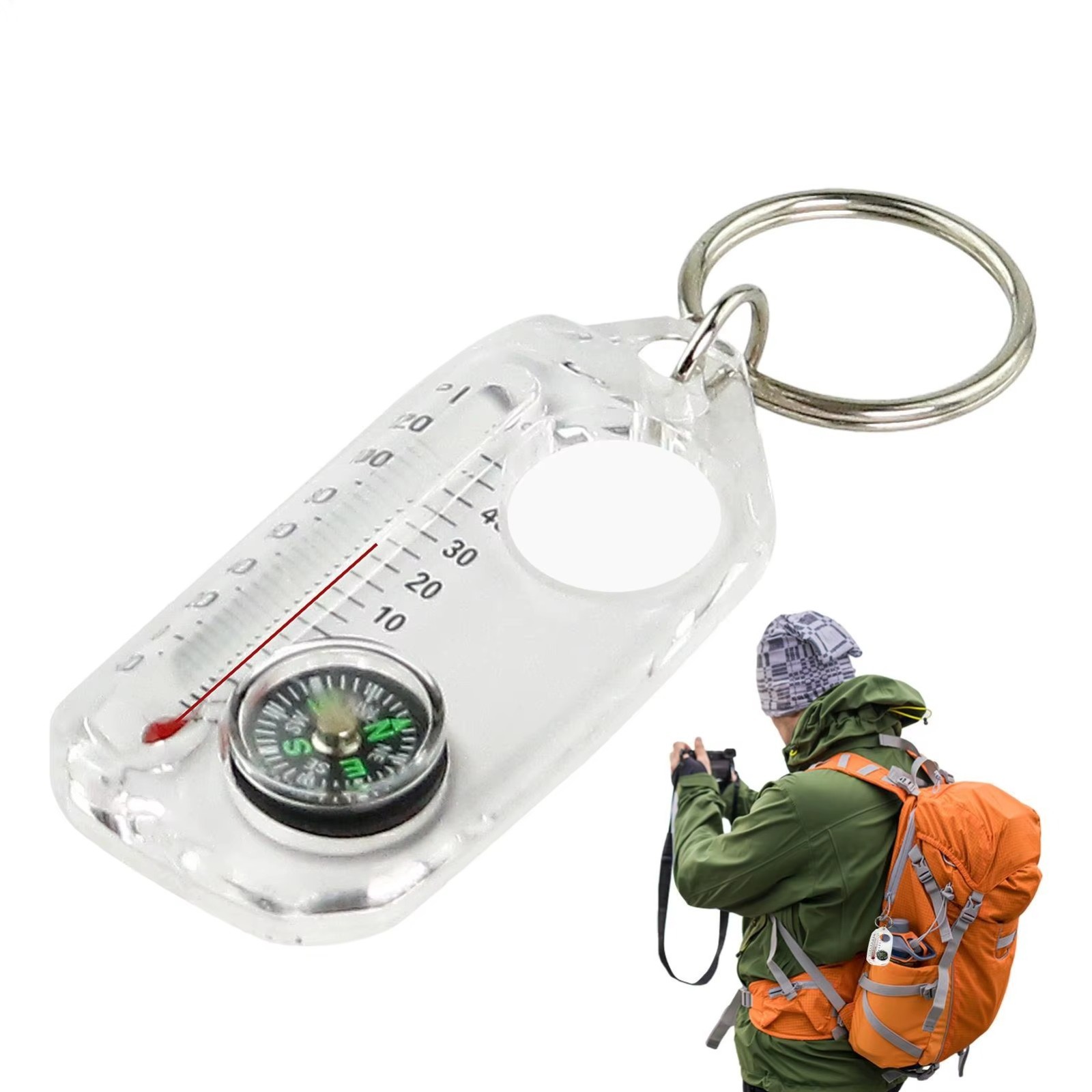 Mini Survival Compass Keychain Thermometer Outdoor Camping Tool