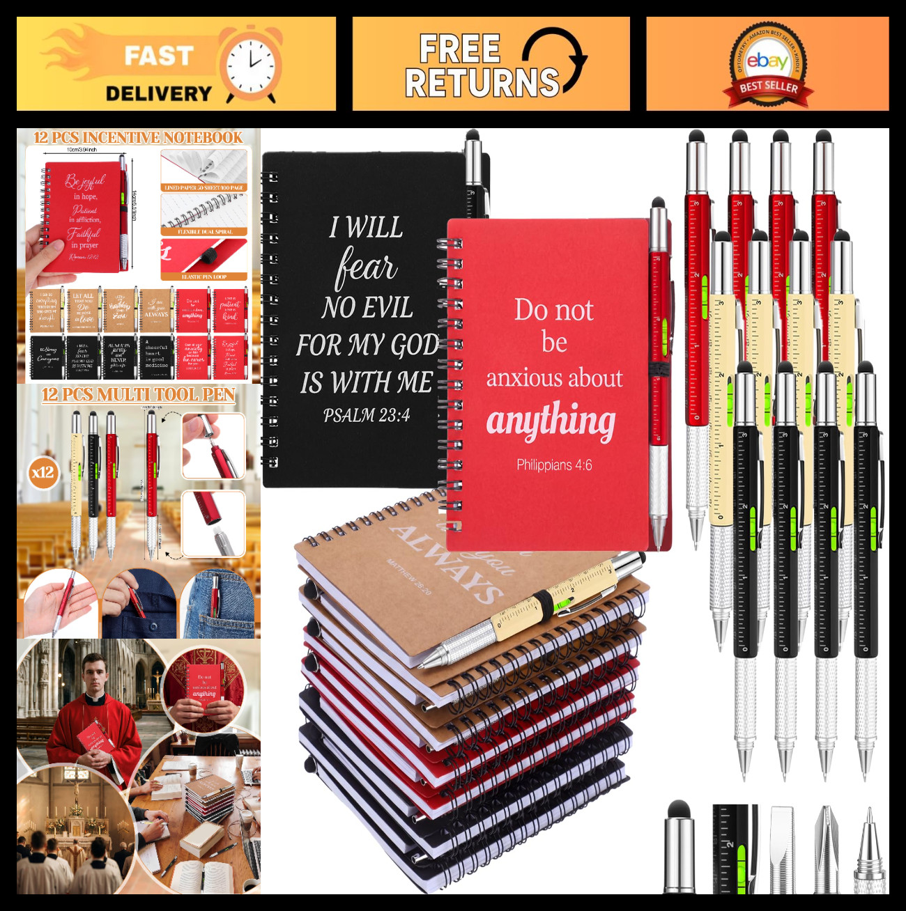 24 Pcs Christian Gifts Set – Multi Tool Pens & Religious Notebooks for Dad, Husb