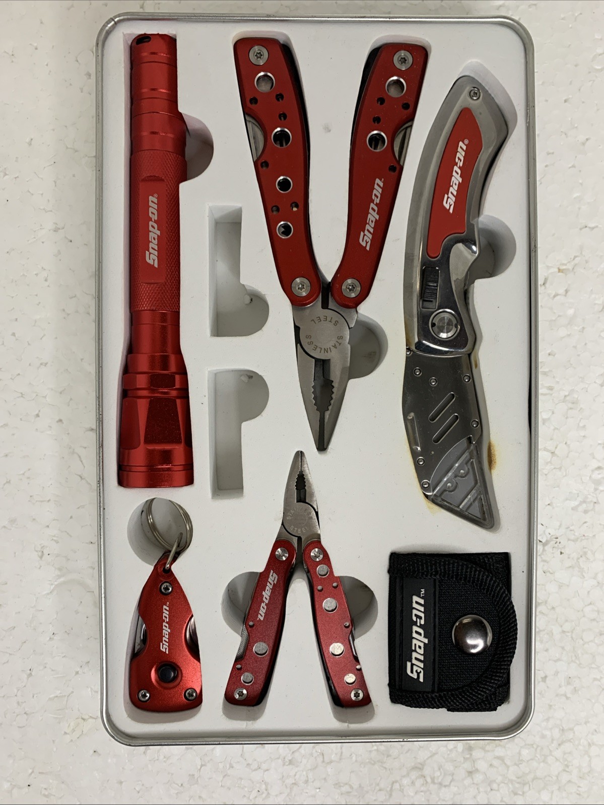 Snap On Tools 5 Pieces Stainless Steel Red Metal Multi Tools Missing Batteries