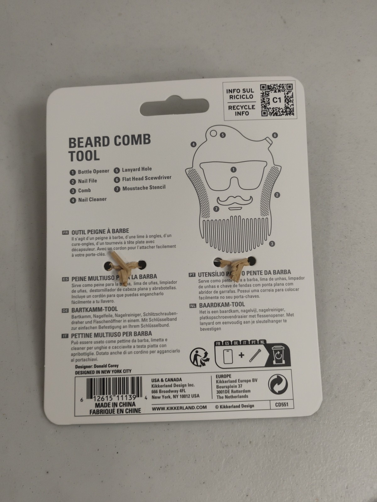 Beard Comb Tool – Kikkerland – Stainless Steel Multi 5 Tools-in-1 Keyring