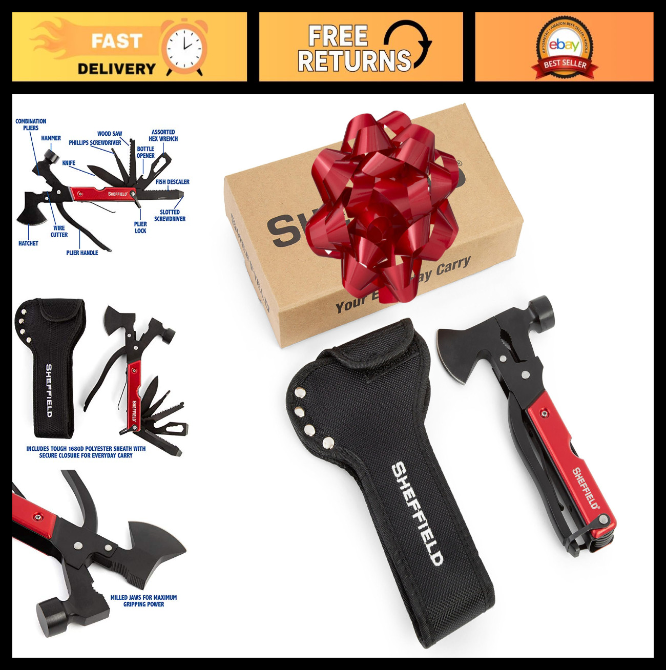 14-in-1 Camping Hatchet Multitool with Sheath, Alloy Steel Hammer, Great Hiking