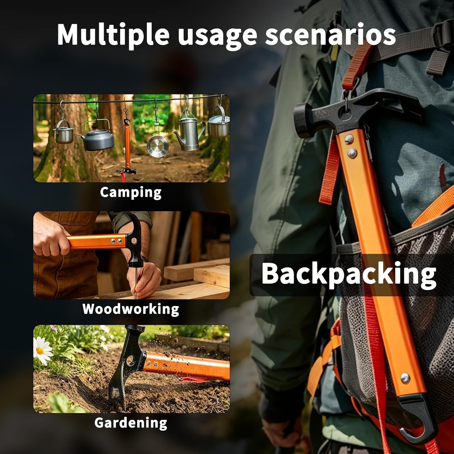 Compact Orange Camping Hammer – Durable Three-in-One Tool for Outdoor Adventures