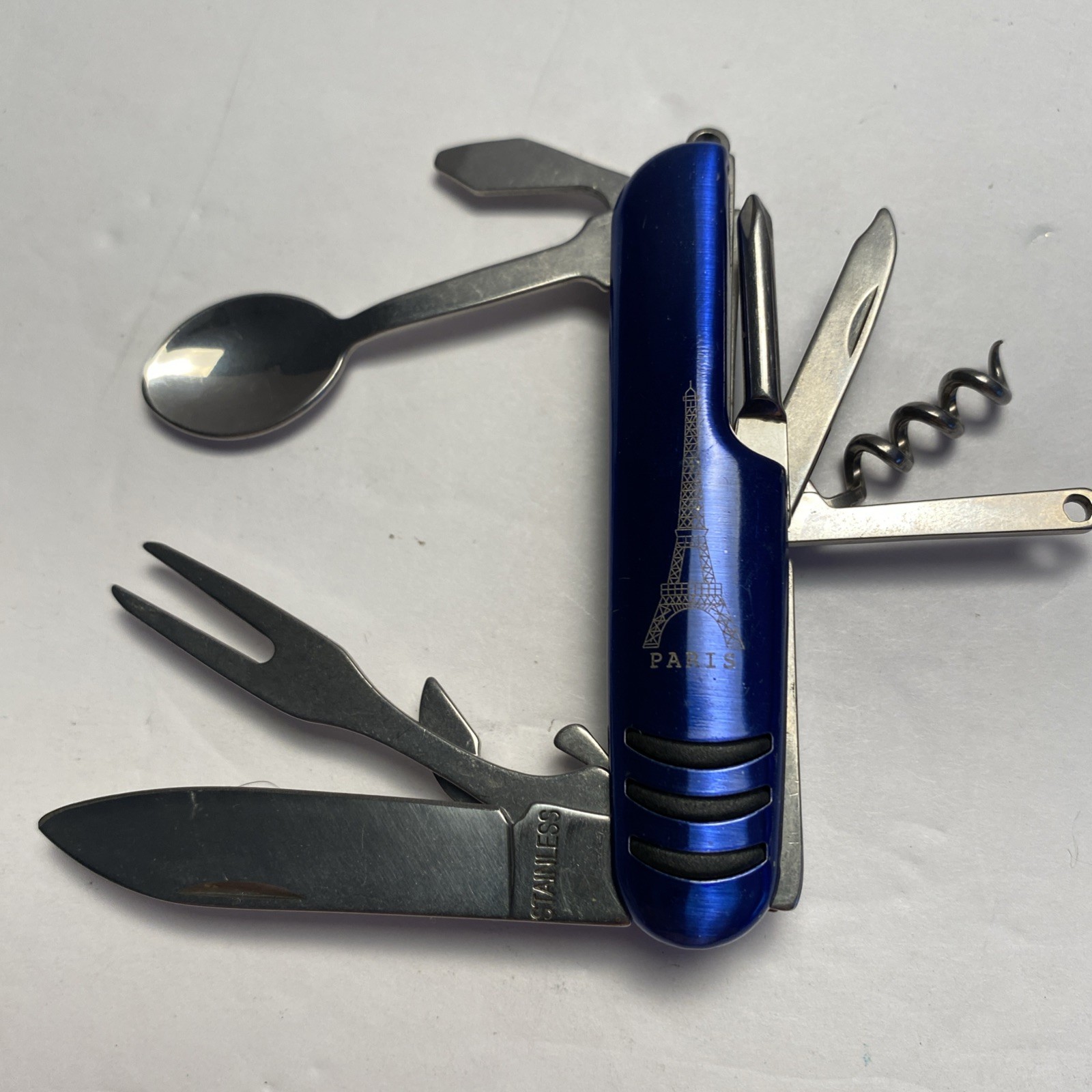 Eiffel Tower Paris Multi Tool SAK Blue Plastic Handle Spoon Fork Knife Corkscrew