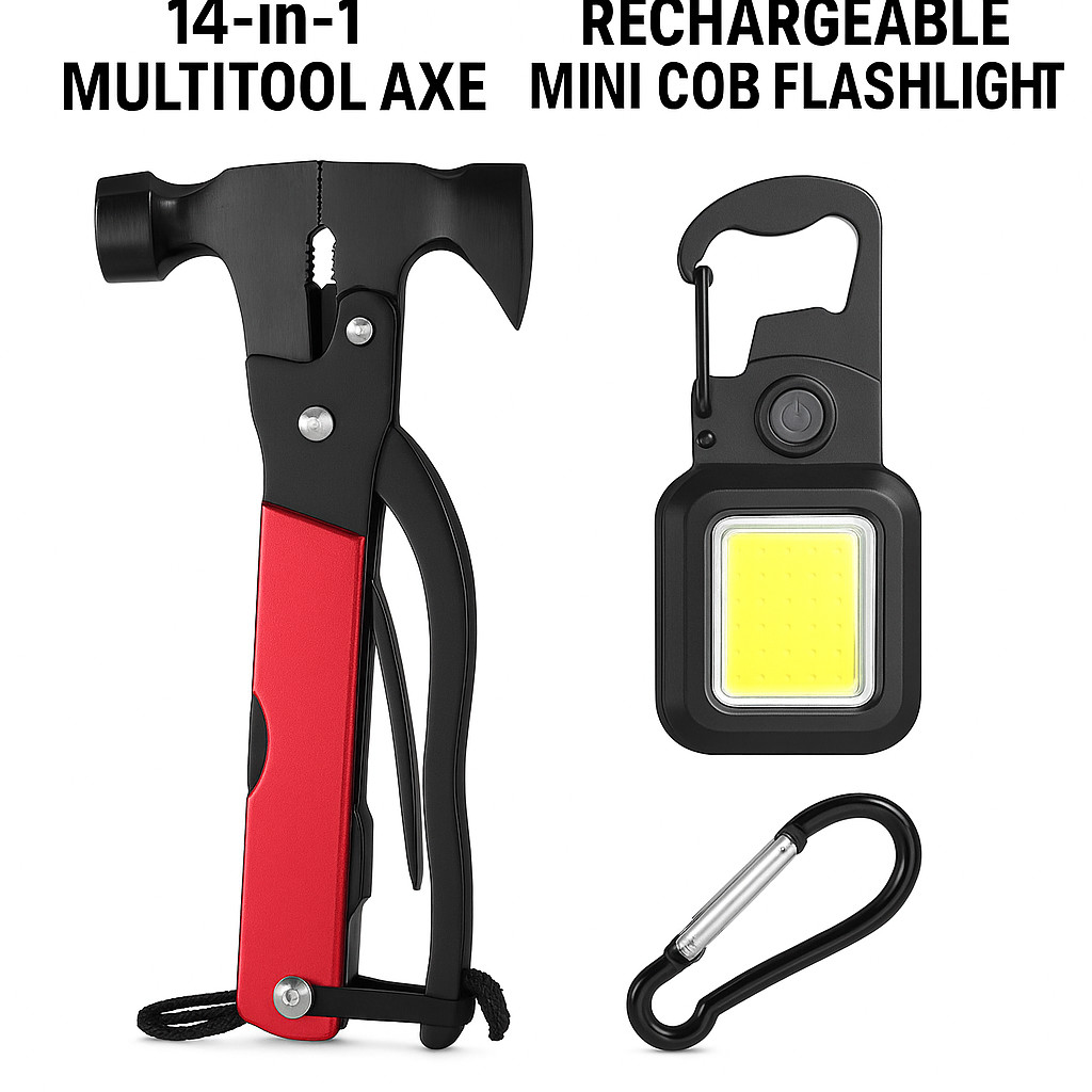 14-in-1 Multitool Axe + Rechargeable Mini COB Flashlight Survival Camping Gear