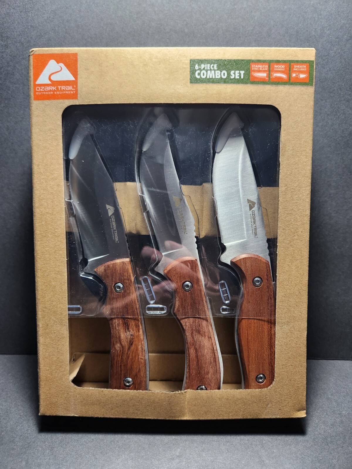 Ozark Trail 6-piece Combo Set New With Sheaths Wood Handles Stainless Steel