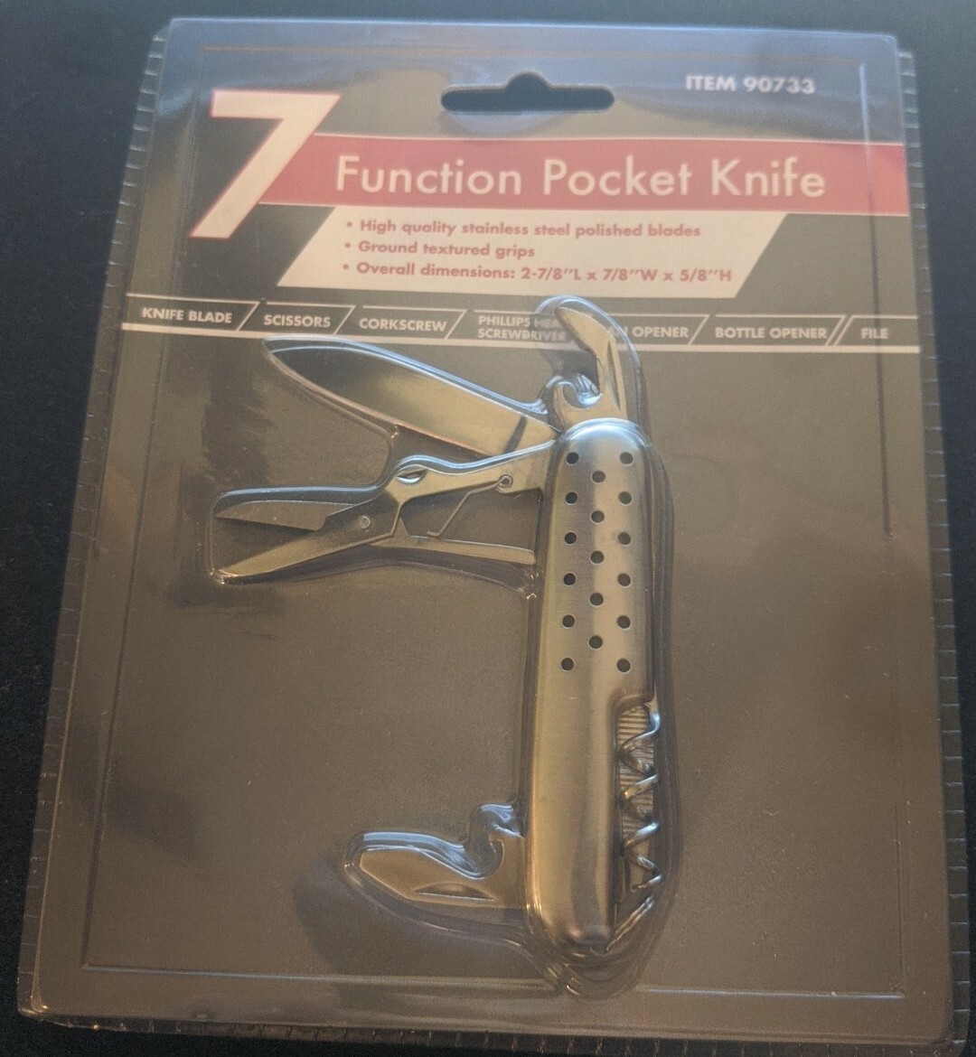 7 Function Pocket Knife – Stainless Steel – Corkscrew Scissor Blade File #90733