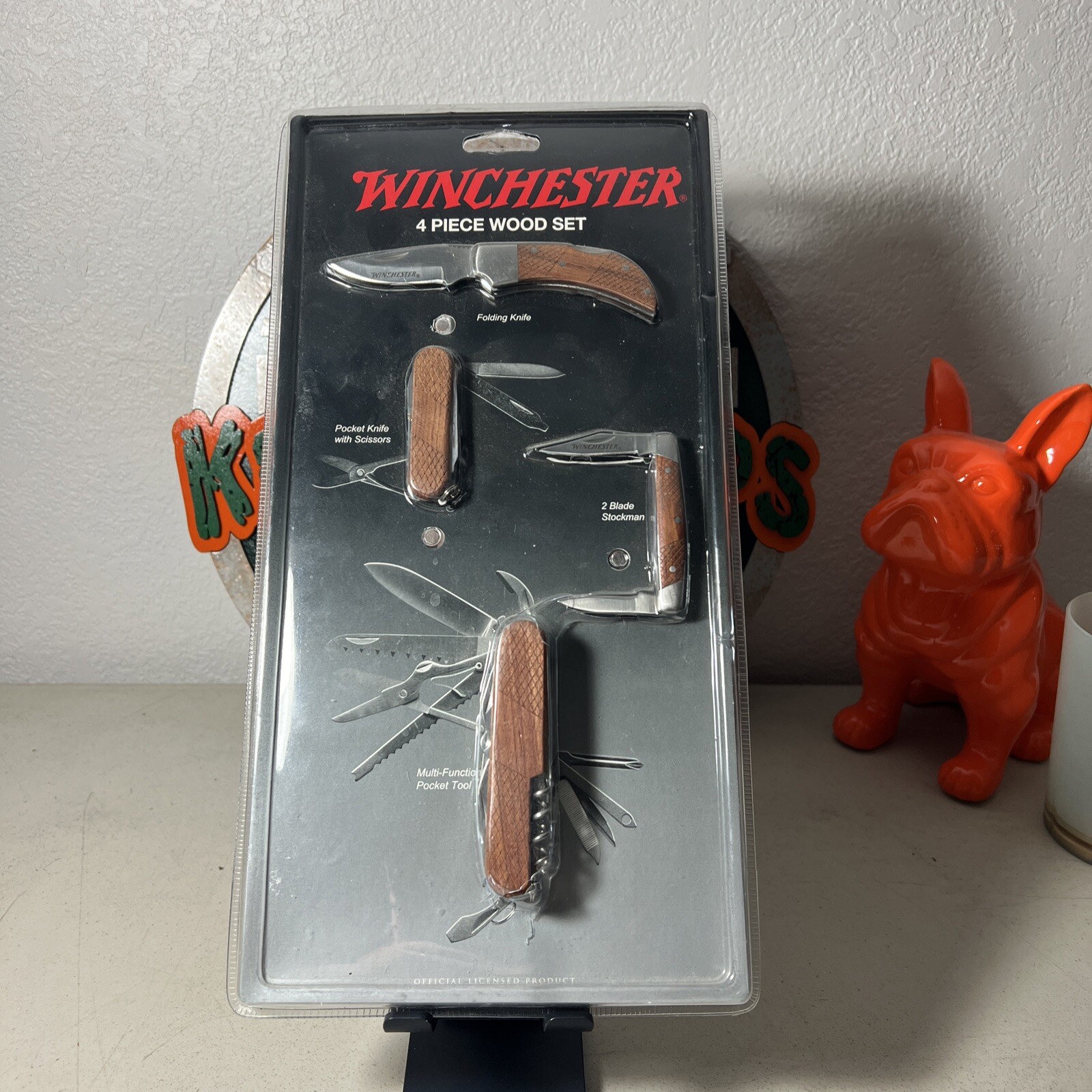 Genuine Winchester 4 Piece Wood Pocket Knife / Scissors / Multi Tool Set **NEW**