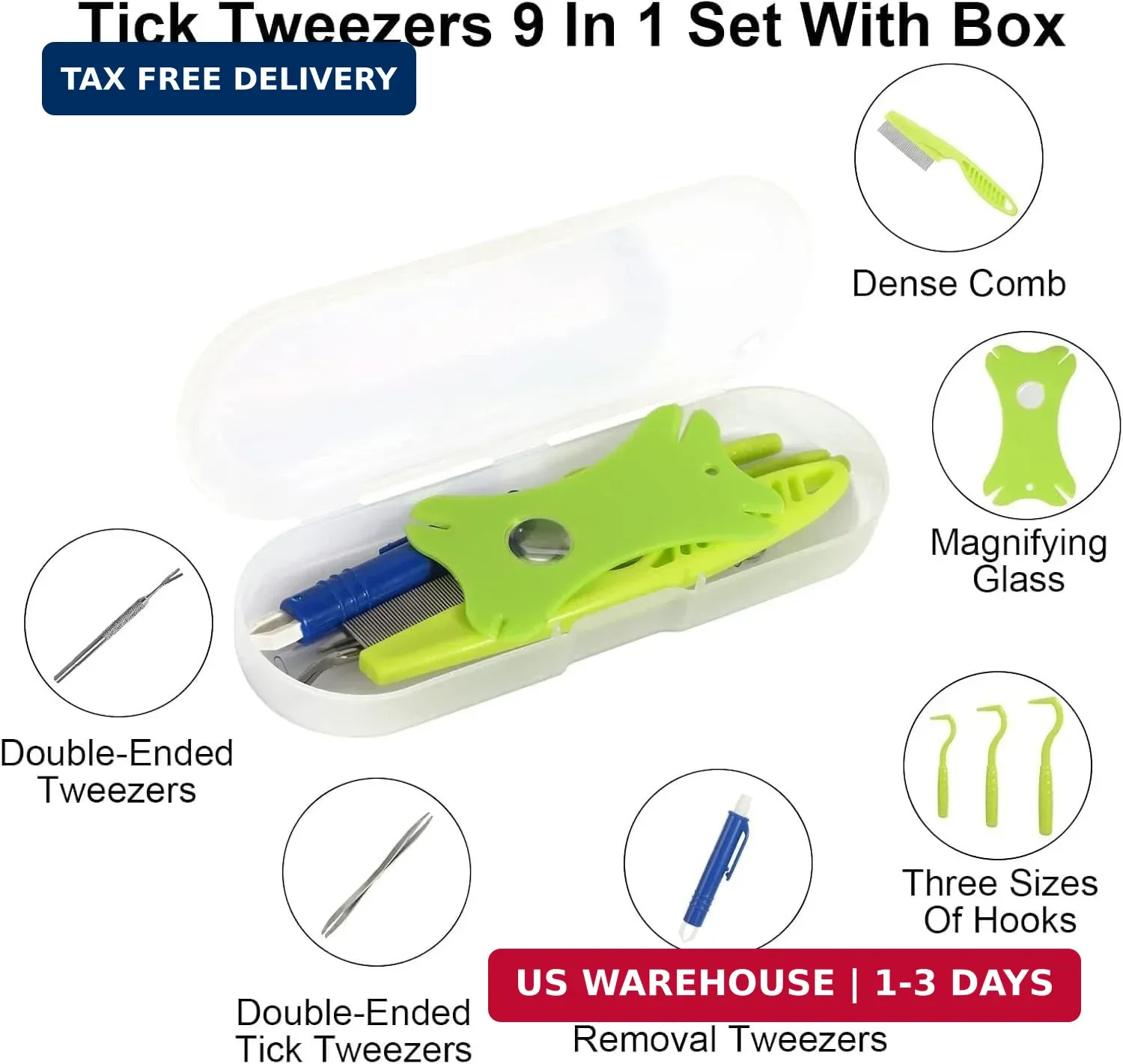 Tick Removal Tool 8 in 1 with Storage Box, Tick Tweezers, Flea Comb, Magnifying