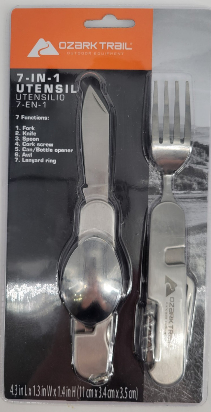 OZARK TRAIL 7 In 1 Utensil Spoon Fork Knife Awl Can/Bottle Opener Cork Screw