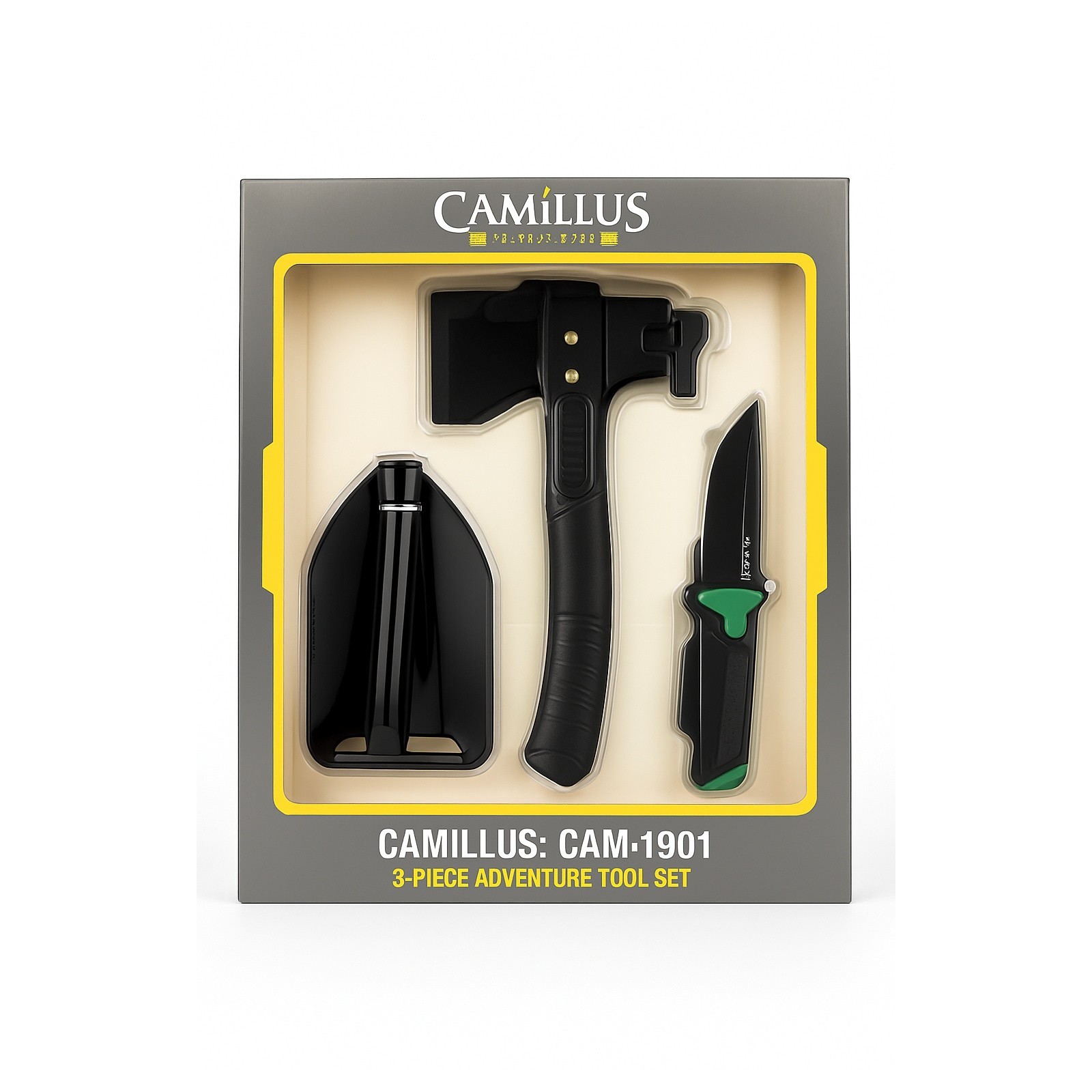 Camillus CAM-18001 3pc Camp Tool Kit Hatchet Knife Folding Shovel Outdoor