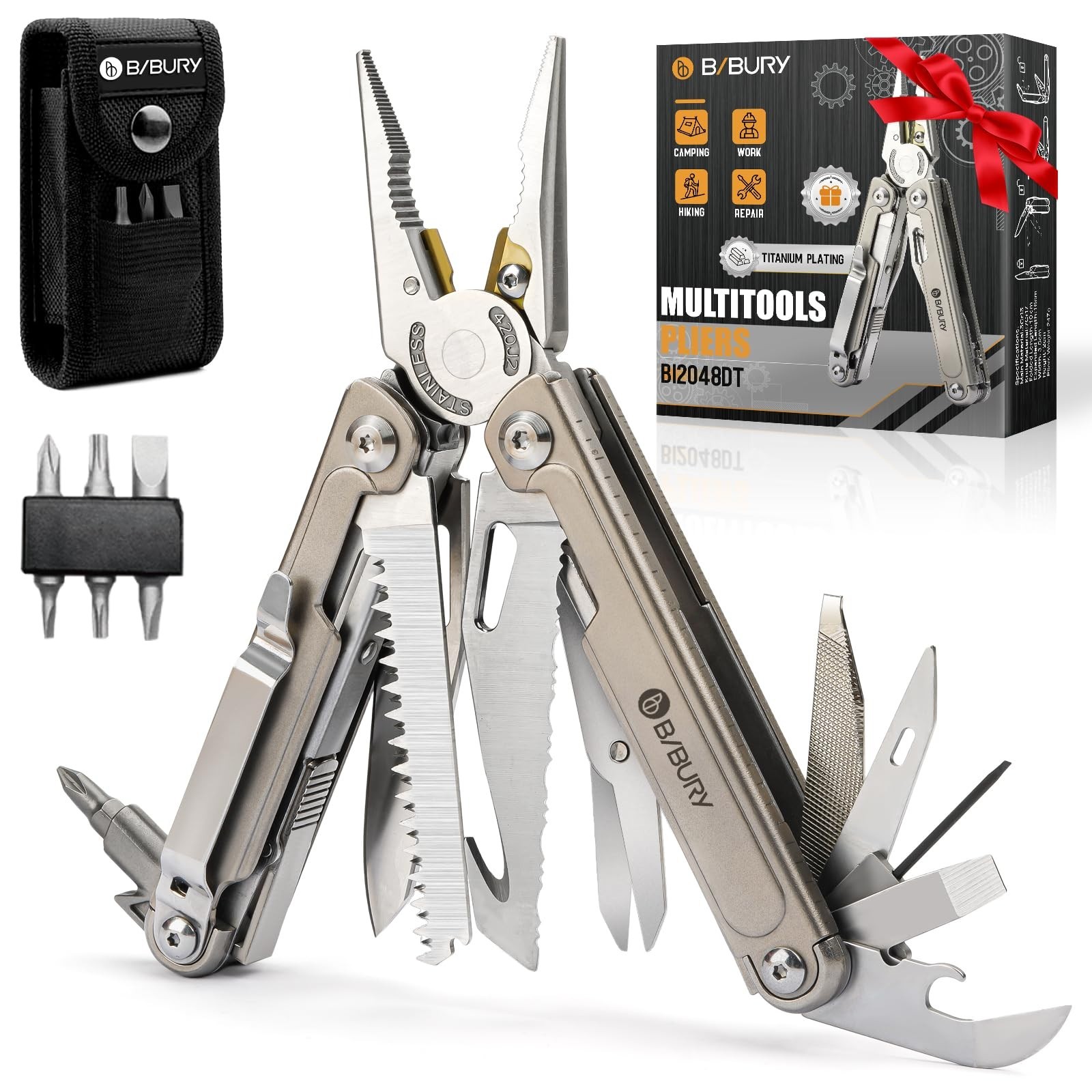 24-in-1 Titanium Multitool Pliers – Ultra-Light EDC Pocket Tool, Sheath & Clip,
