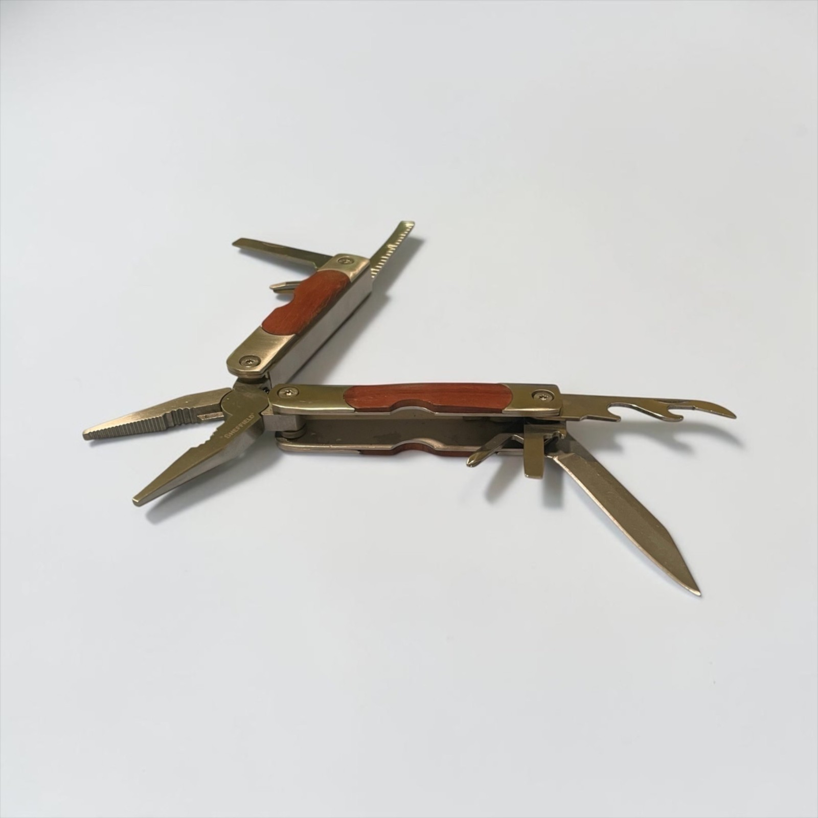 Sheffield Multi-Tool Wood Handle Stainless-Steel Blades Pliers Saw Knife Opener