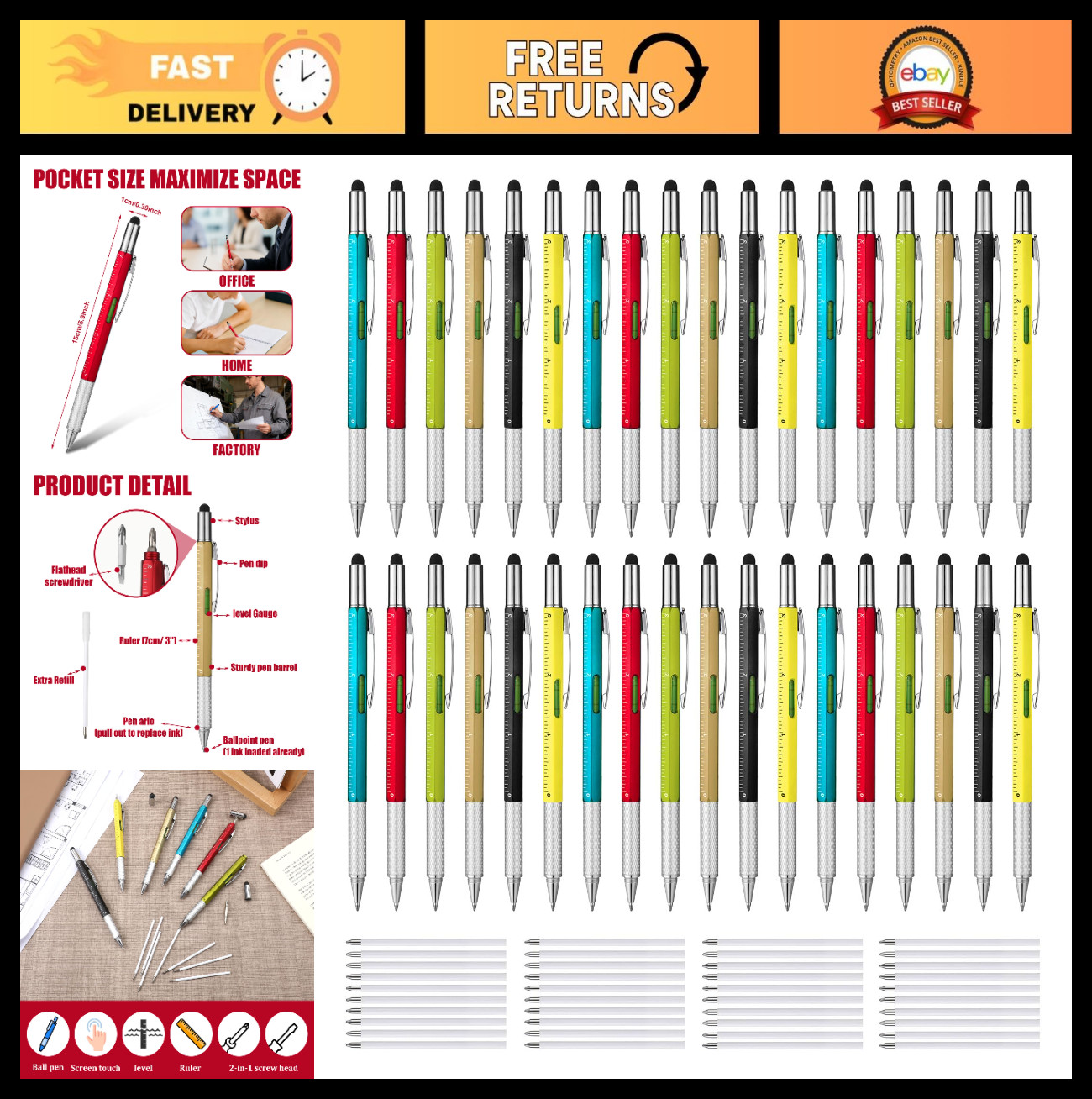 36 Pcs 6-in-1 Multitool Pen Set – Ruler, Level, Screwdrivers, Stylus & Refills