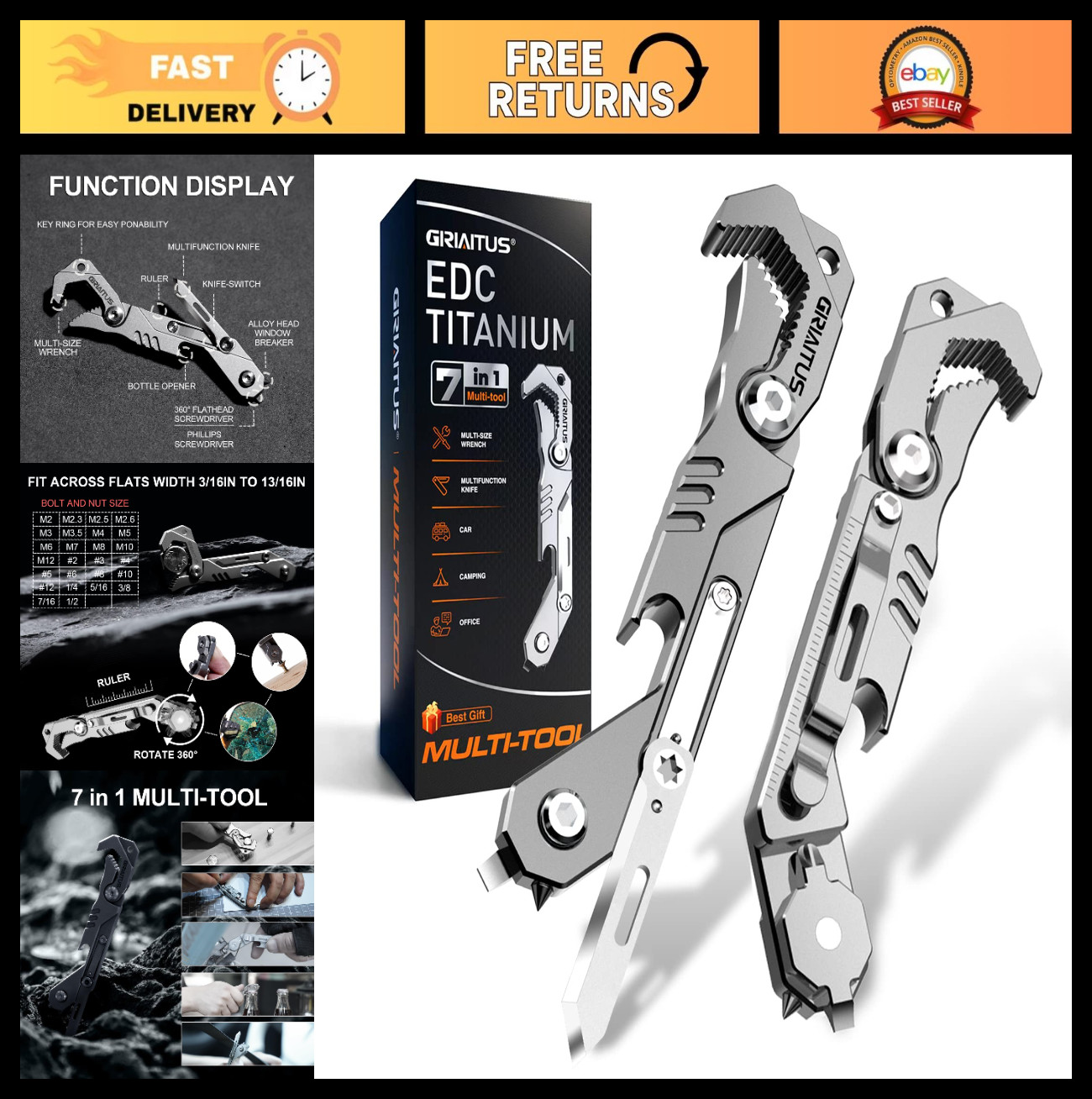 7-in-1 EDC Multitool Pocket Tool – Knife, Wrench, Screwdriver, Bottle Opener, Ru
