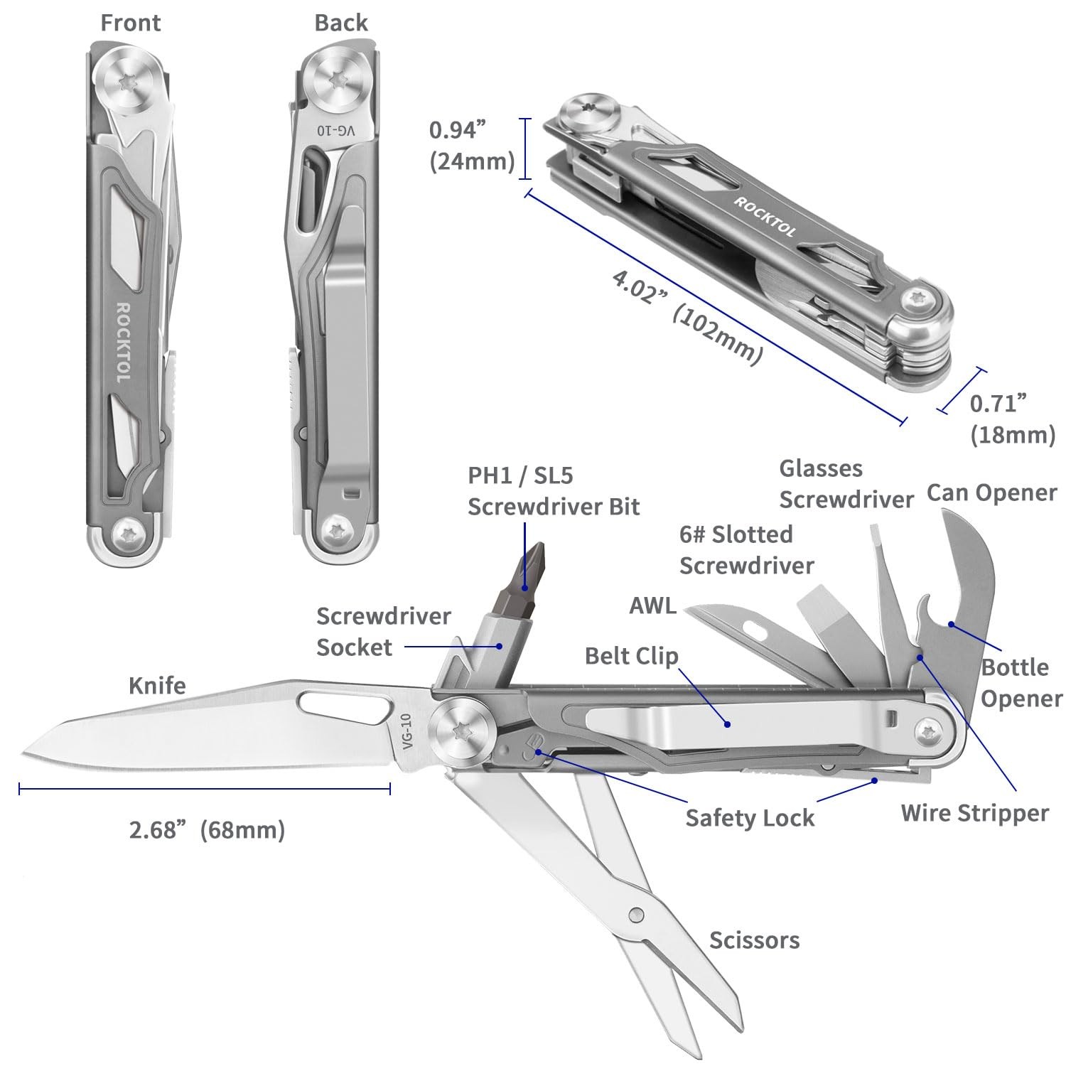 Pocket Multitool ST02, VG-10 Blade, 12-in-1 Multi tool Knife,Titanium-Plated …