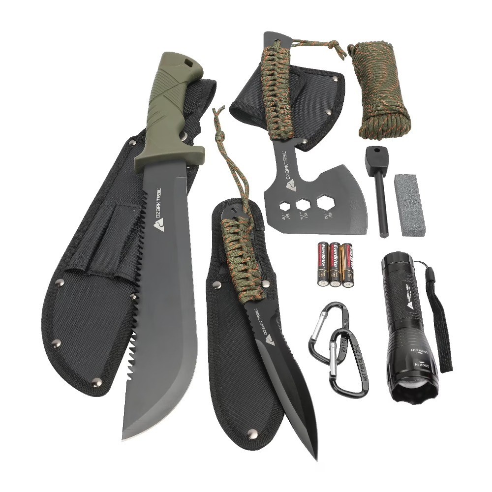 12 Piece Camping Tool Set with Flashlight Machete Knife Outdoor Survival Gear