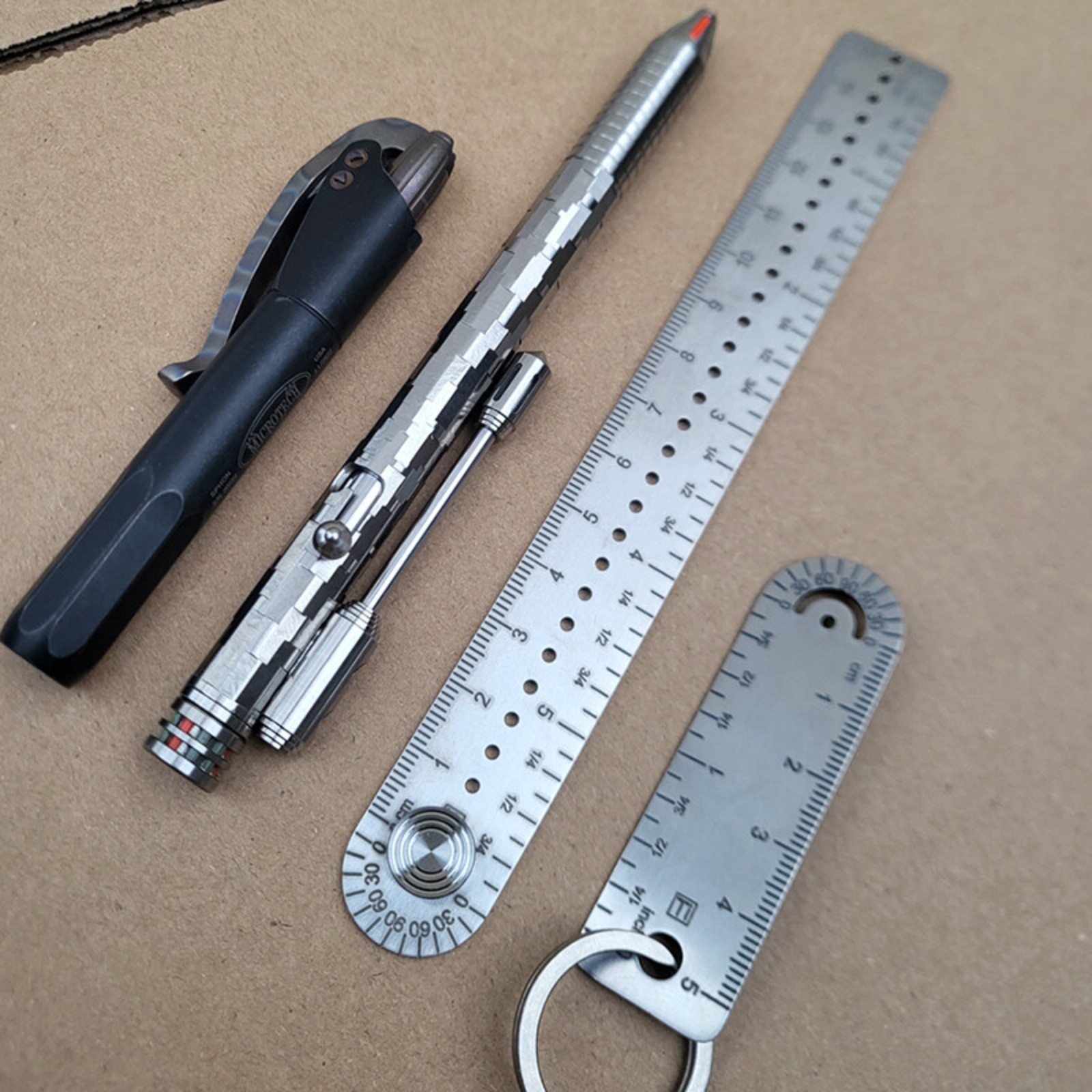 TC4 Titanium Alloy Ruler Compass Protractor Scale CM Inch Keychain Portable EDC