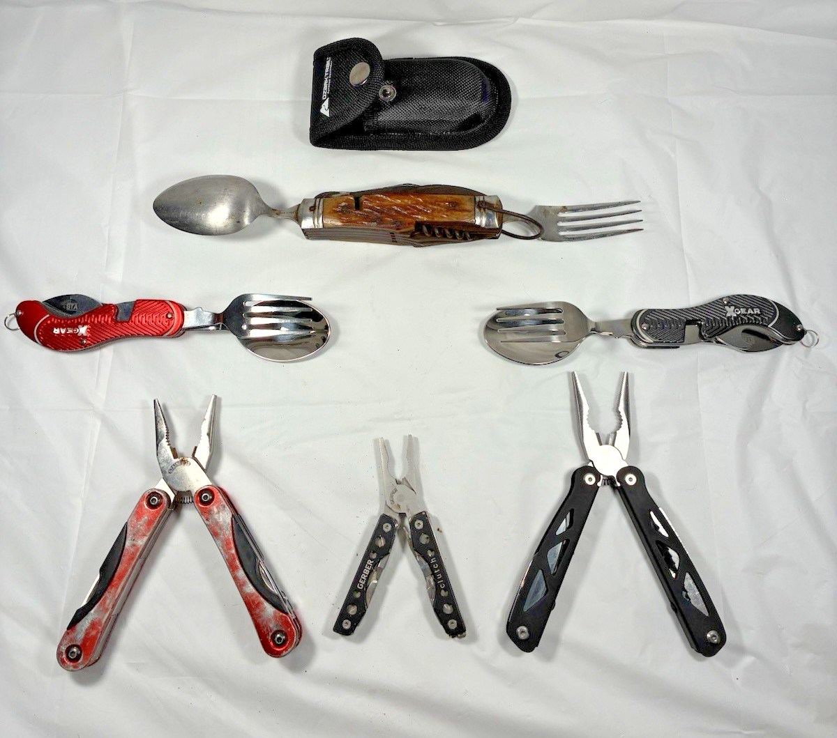 Lot of 6, Assorted Utility Folding Knives? Camping, Plyers, Fork, Spoon, Hobo?