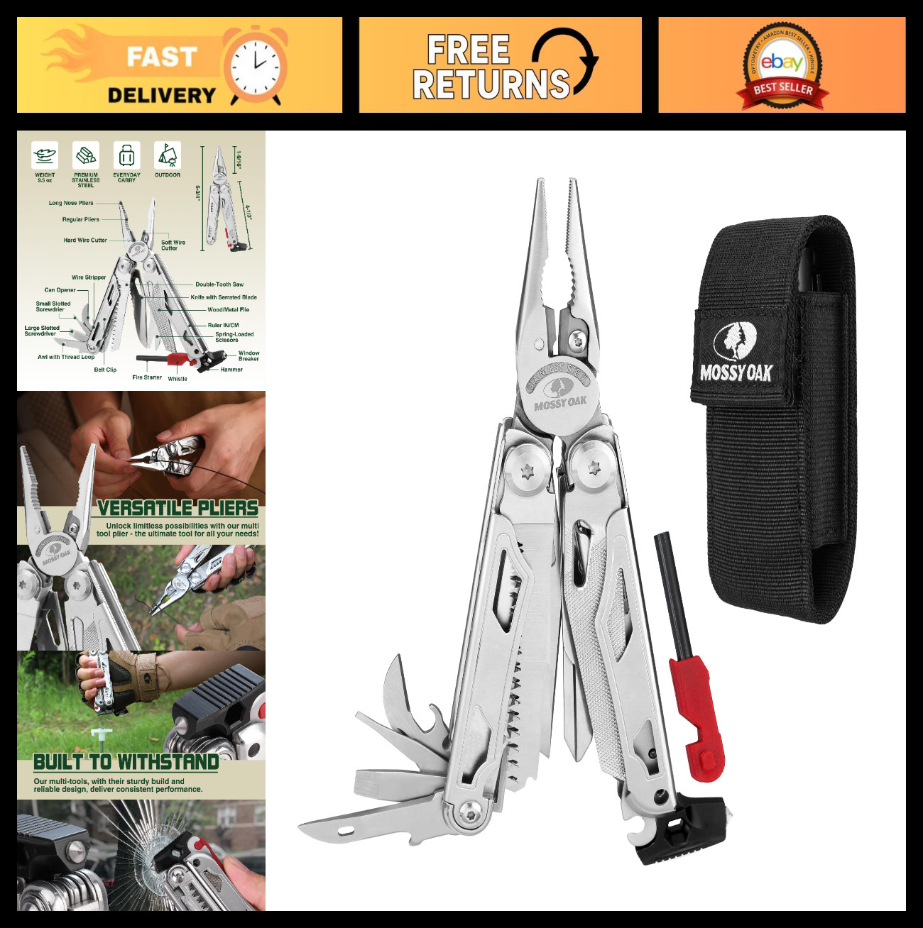 19-in-1 Stainless Steel Multitool Pliers, Self-locking EDC Gear, Outdoor Camping
