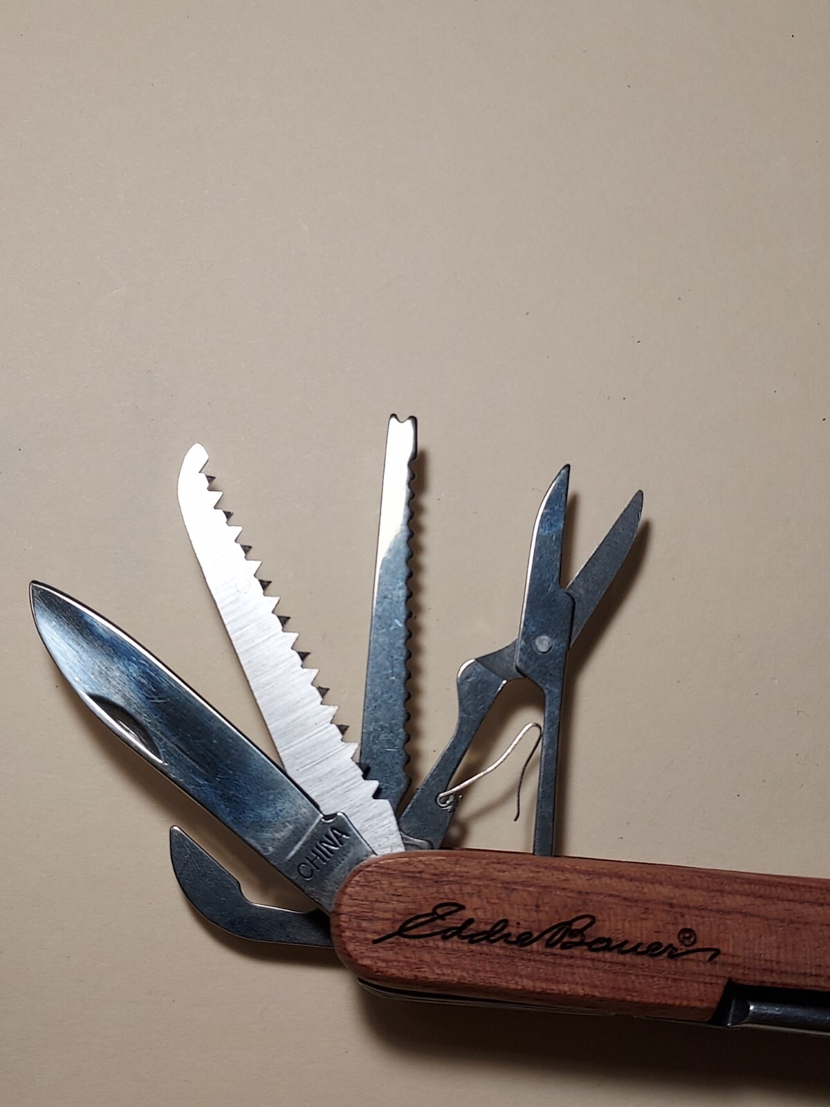 Eddie Bauer advertising Wood Handle Multi Tool *scissors needs repair*