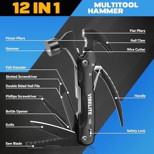 Gifts for Men, 12 in 1 Multitool Hammer for Camping, Hunting, Black Hammer