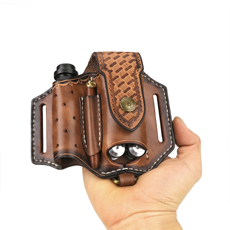 TOURBON 4-in-1 Leather Multitool Belt Holster for Flashlight/EDC/Pen Sheath Gift