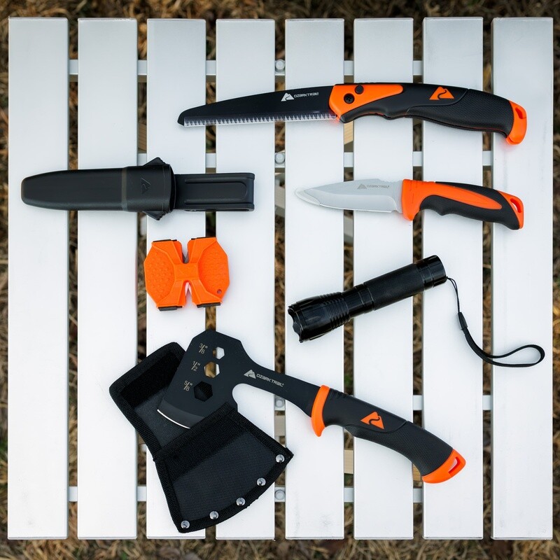 7-Piece Camping Tool Set Hammer Axe Flashlight Knives Folding Saw Batteries New