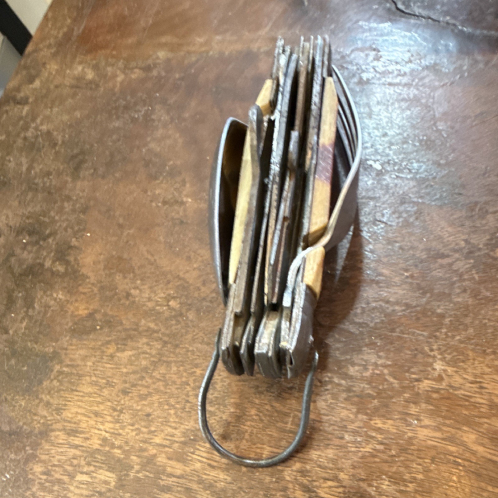 Vintage Camping Multi-Tool Utensil Set Steel Wood Knife Fork Spoon Scissors