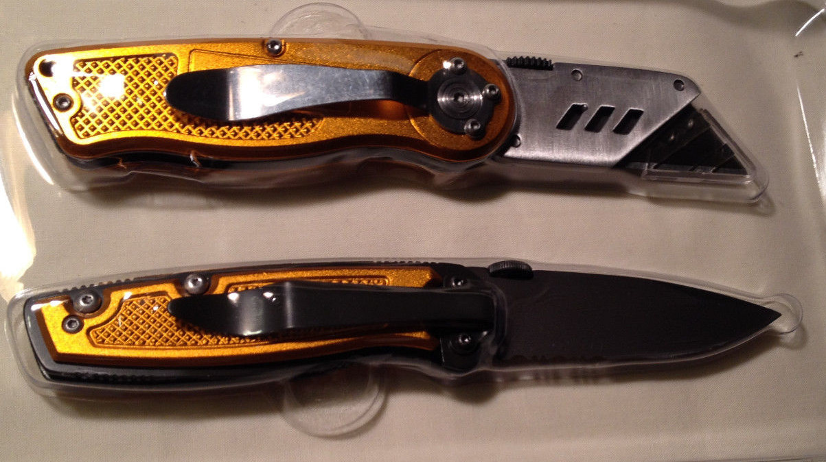 Guidesman 2.5″ Folding SS Knife,Titanium Plated Drop Pt + Utility Knife, 2PC Set