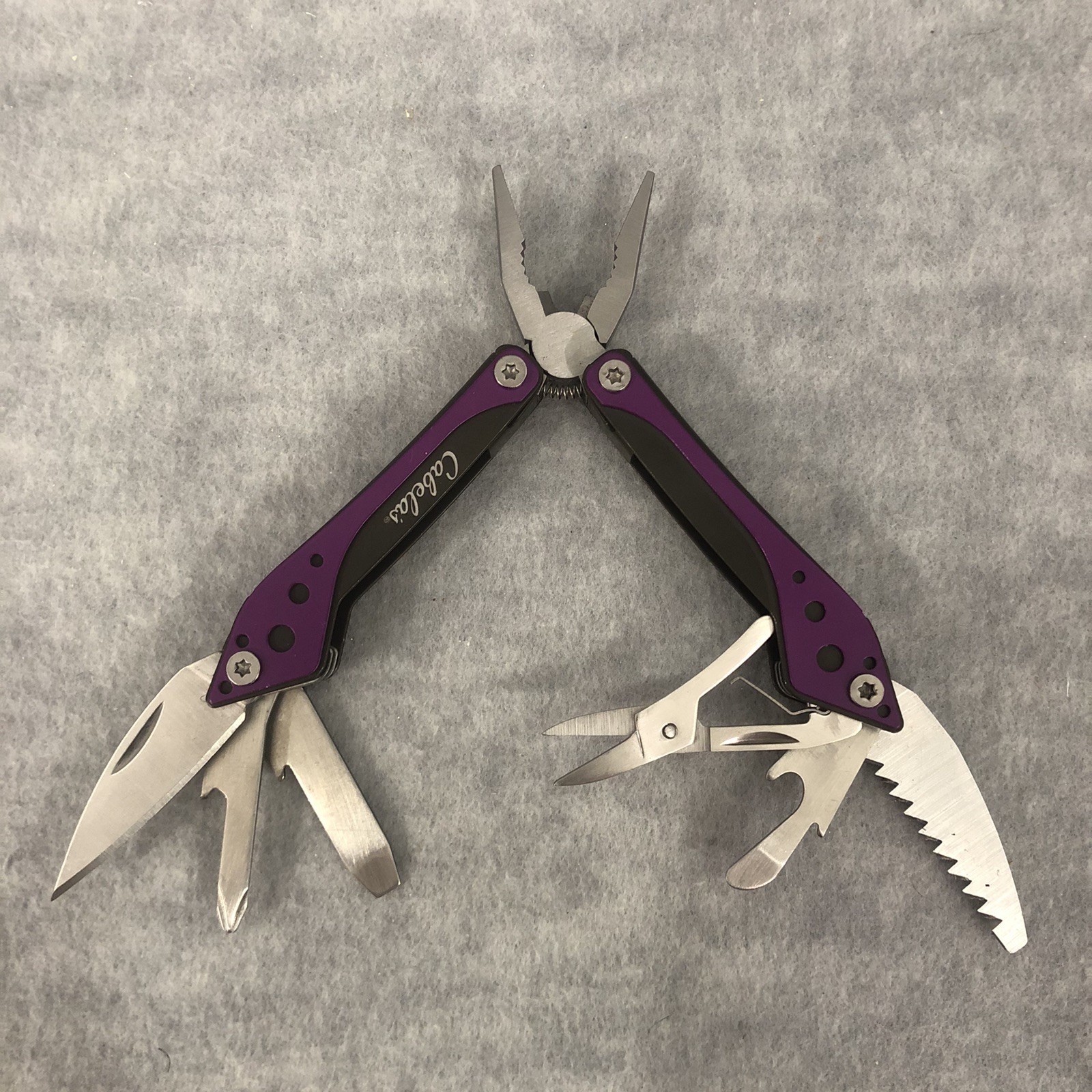 Cabela’s Multi-Tool Purple 3” Closed With Black Nylon Case With Belt Loop Clean