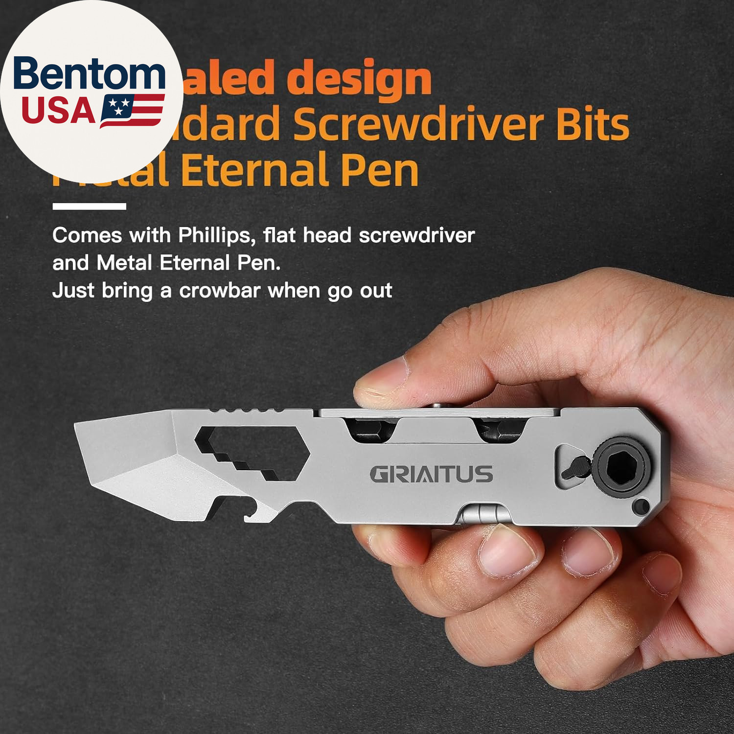 EDC Pry Bar Multitool with Bi-Directional Ratchet Screwdriver & Everlasting Pen,