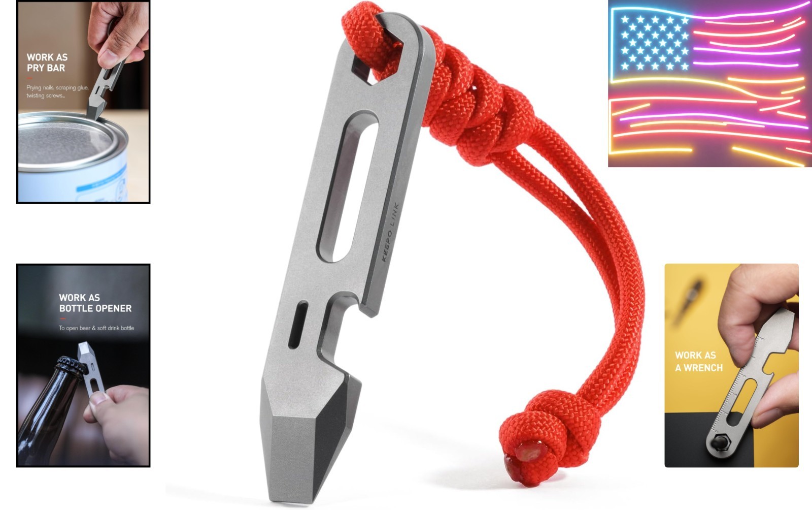 Titanium EDC Pry Bar Multitool, 4-in-1 Keychain Prybar Tool with Bottle Opene…