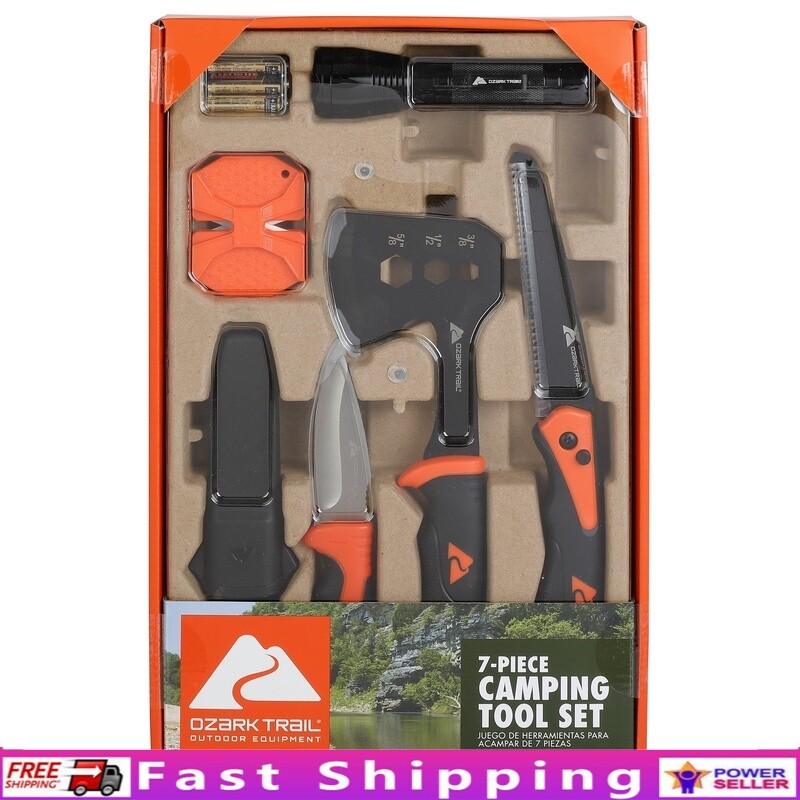7-Piece Camping Tool Set Hammer Axe Flashlight Knives Folding Saw Batteries New