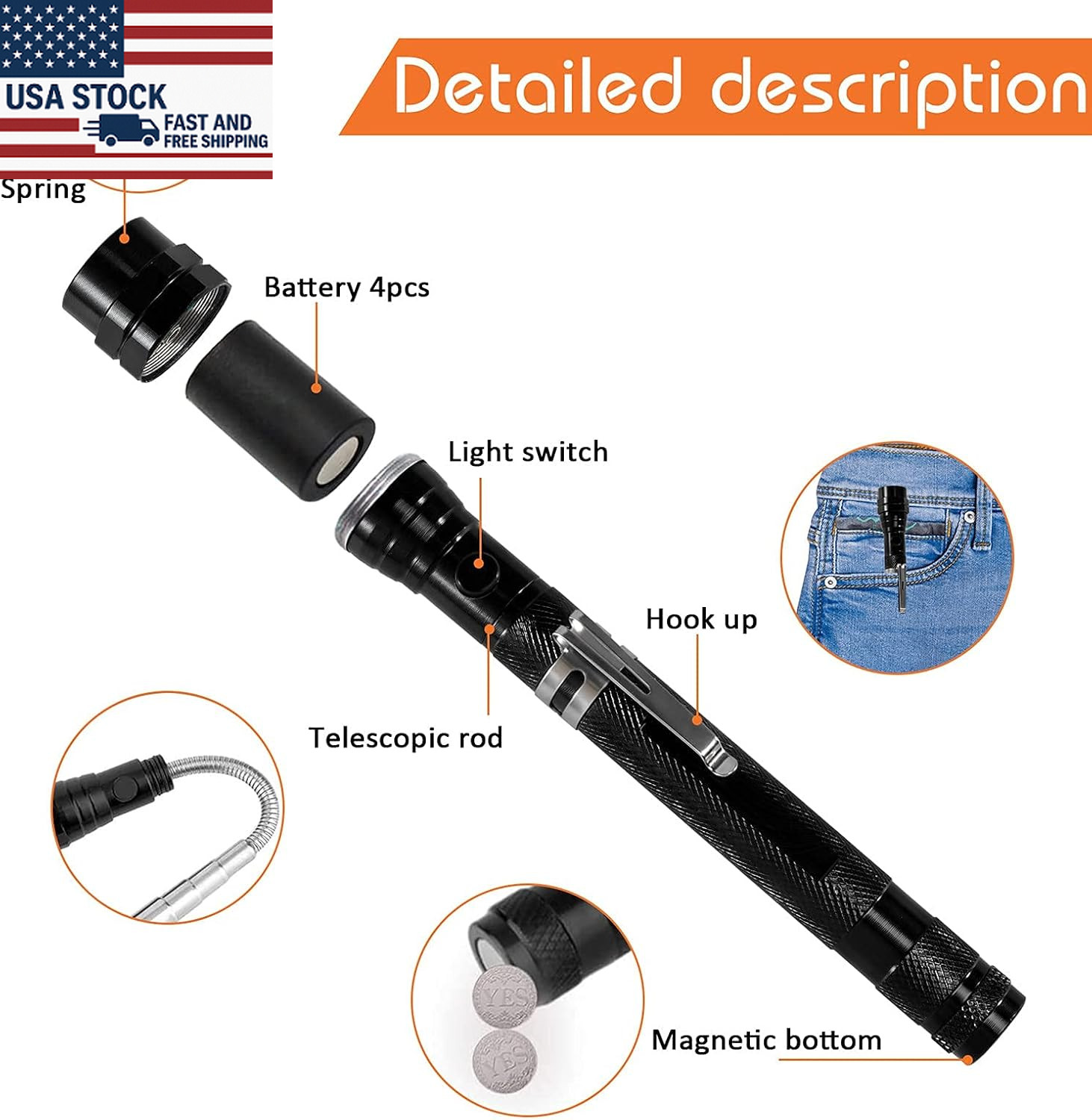 Magnetic Flashlight Pickup Tool Extendable Telescoping Gadget for Men Gifts
