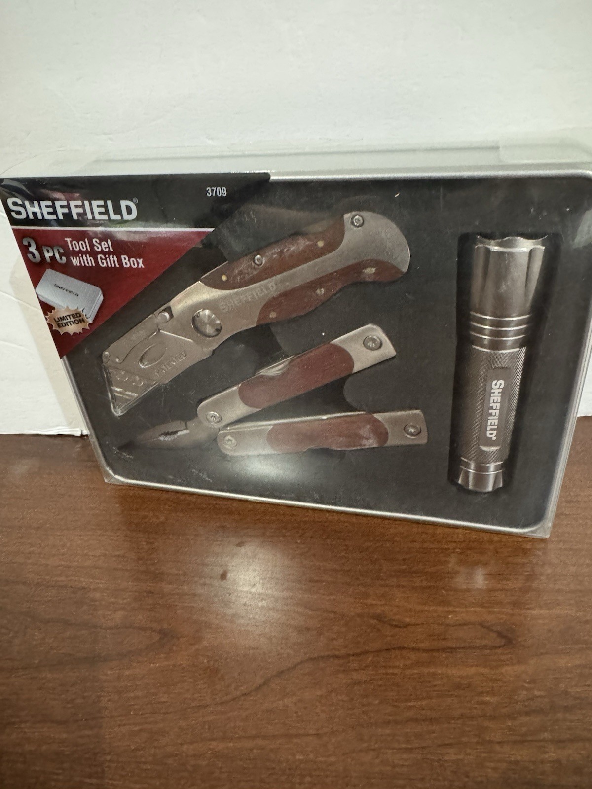 NEW Sheffield 3 Pc Tool Set With Tin Box Multi Tool Utility Knife Flashlight