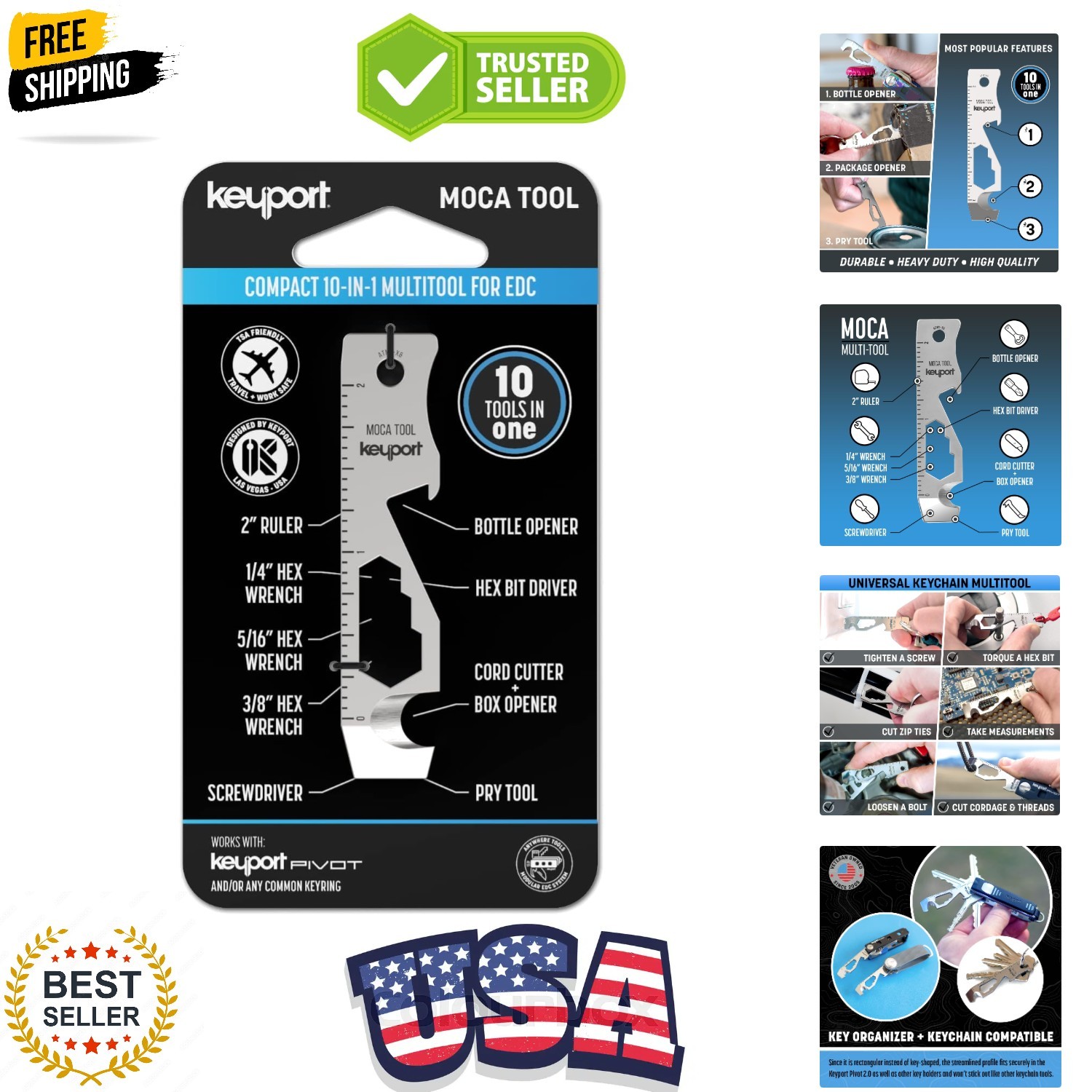 MOCA 10-in-1 TSA-Friendly Stainless Steel Keychain Multitool, Compact EDC Gear
